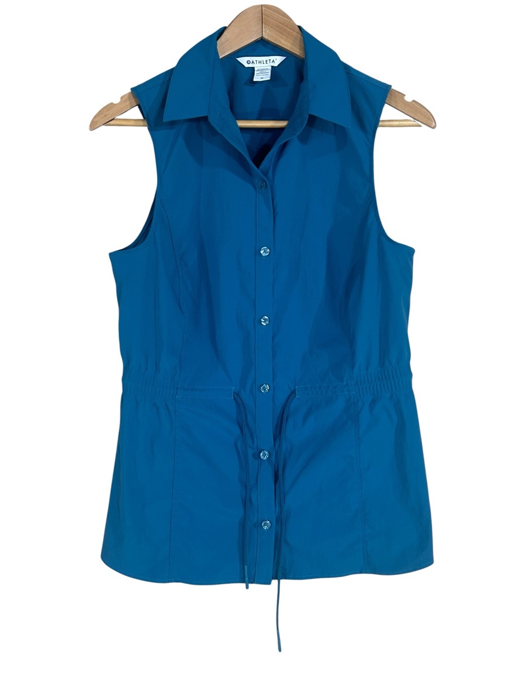 Athleta Levitate Poplin Tank SIZE MEDIUM Button Up Drawstring Shirt Waist Blue